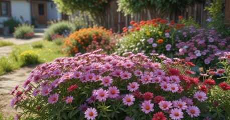 Fototapeta premium Country yard with a collection of colorful asters, flowerfields, countryyards, naturephotography