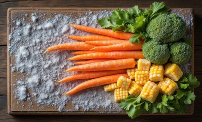 Fresh vegetables with snowy salt background