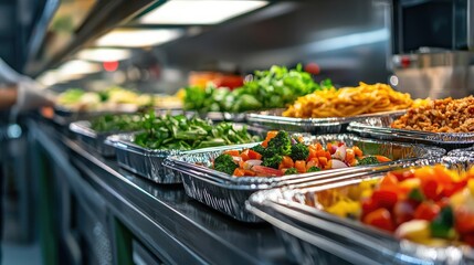 Food automation concept. A vibrant display of freshly prepared dishes in aluminum trays.