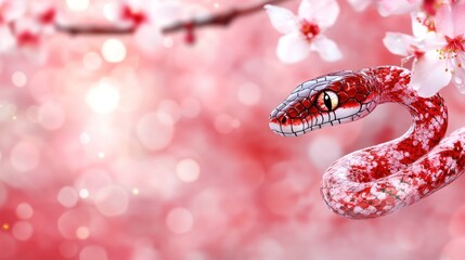 Obraz premium Chinese New Year Snake Character Vector with Cherry Blossom Flower Pattern on Red Background - Year of the Snake Illustration for Card, Sticker, and Calendar