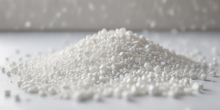Closeup of a white granule of plastic polymer with a blurred background to emphasize the object, white color, micro photography