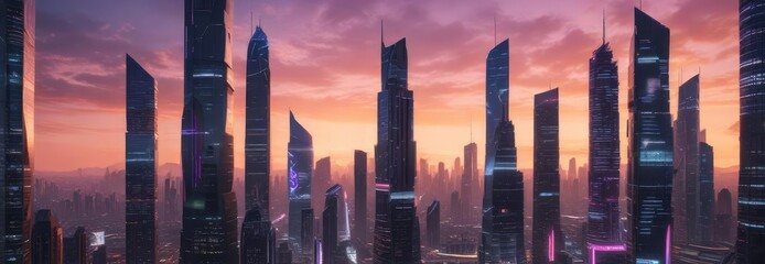 Futuristic cityscape at sunset with neon lights and towering skyscrapers, neon lights, futuristic city, modern architecture