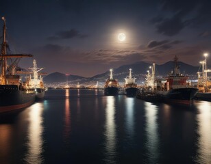 Full moon shining over Algeciras seaport's docked ships, seaport, marina