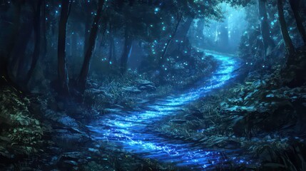 Fototapeta premium Magical blue stream flows through a dark forest at night, glowing fireflies illuminate the path.