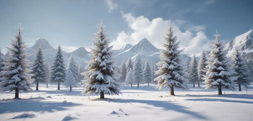 Obraz premium Frosty landscape with snow-covered trees and a Christmas tree in the center, frosty landscape, festive decorations
