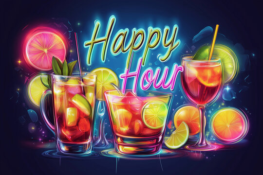 neon sign with a colorful drink menu and the words Happy Hour. The menu includes a variety of drinks, such as cocktails and fruit juices, and is displayed on a blue background - Powered by Adobe