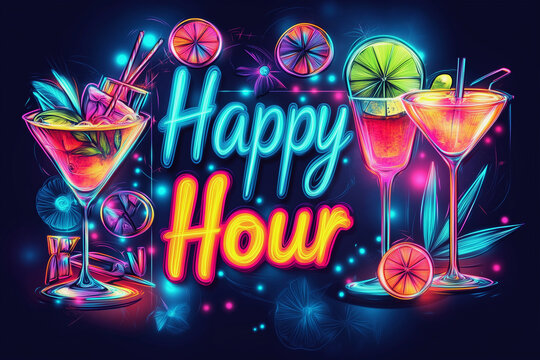  neon sign with a colorful background and a picture of a drink with the words Happy Hour written below it