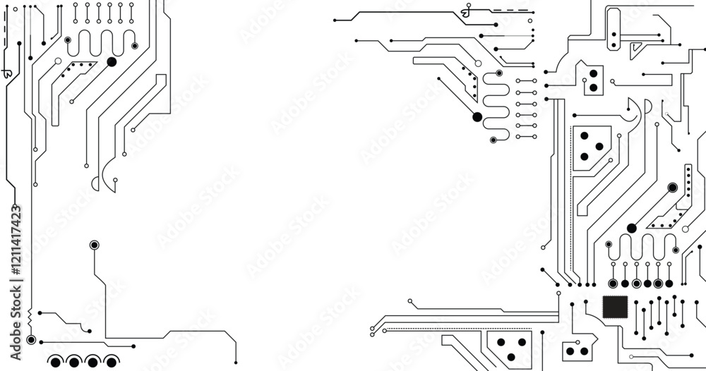 Poster microchip line technology and space abstract background.