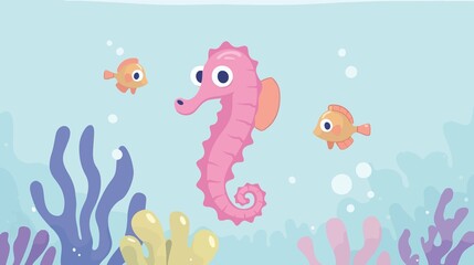 Obraz premium Colorful Cartoon Underwater Scene with Jellyfish, Seahorse, and Fishes in Coral Reef