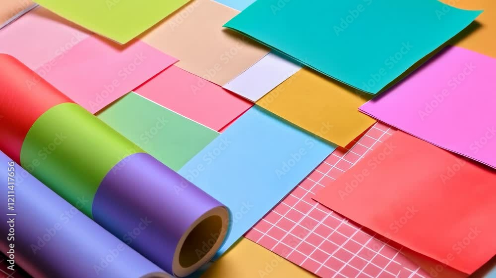 Aufkleber vibrant colorful paper rolls and sheets arranged in geometric patterns