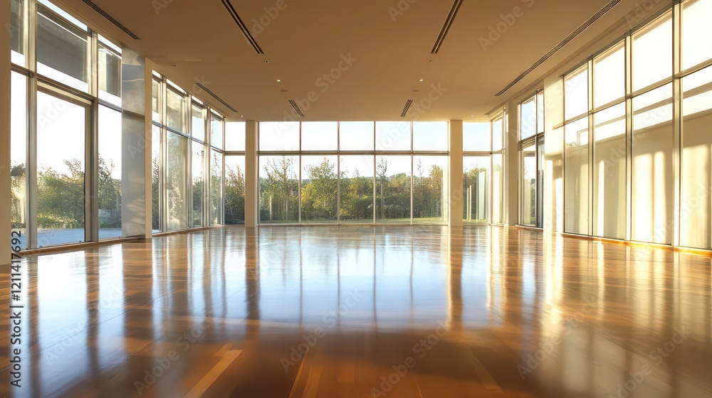 Poster sunlit modern empty room with large windows and hardwood floor.