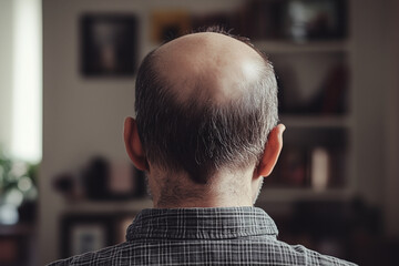 bald man with a receding hairline sits in a room with bookshelves. The room has a cozy and lived-in feel, with a potted plant and a vase on a table. The man's bald head