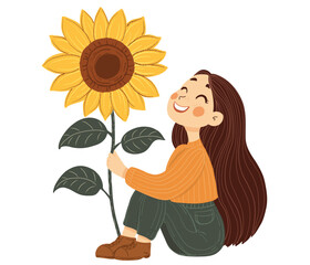 Cheerful Girl Holding a Sunflower.Cute vector cartoon illustration for International Flower Day on white background.	
