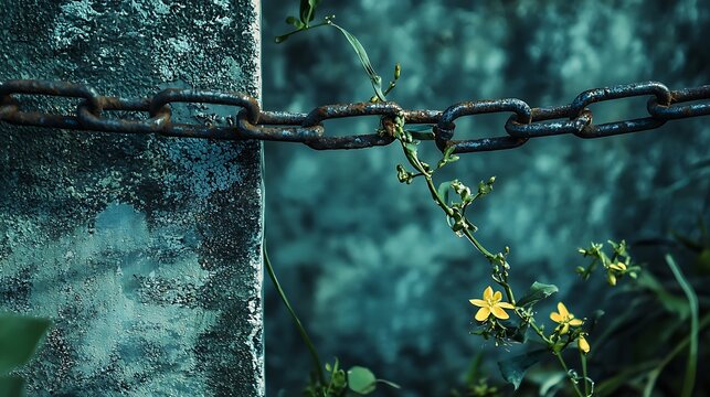 A chain link fence with a flower growing out of it
