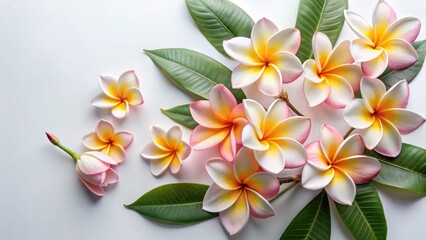 Delicate arrangement of tropical blossoms with vibrant petals and lush green foliage on a bright white background