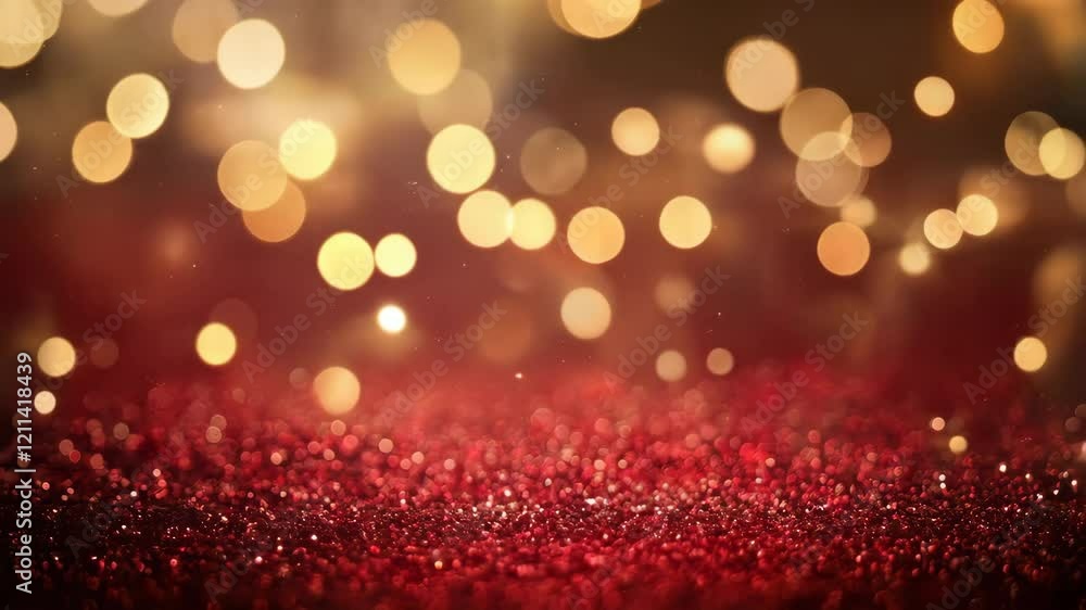 Poster glittering bokeh lights transition over red sparkling surface