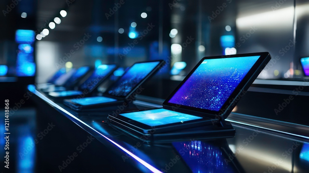 Poster interactive displays showcasing city data on sleek tablets in a modern, dark setting.
