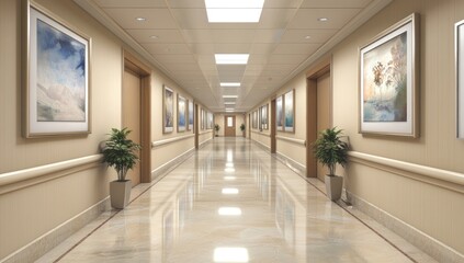 Fototapeta premium Serene Hospital Corridor: Architectural Design and Interior Decor