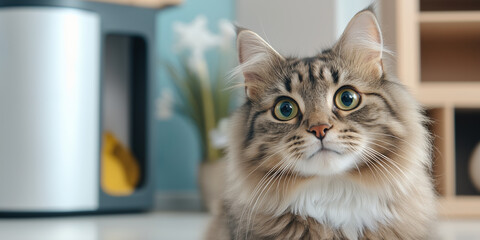 Close up cat face with green eyes at home. Pet care and animal lifestyle content