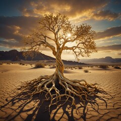 A gold tree with twisting roots, glowing in a surreal desert landscape.