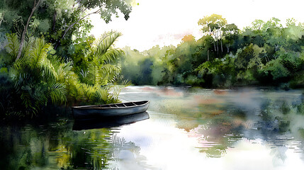 Obraz premium A small boat is floating on a calm river. generated using AI
