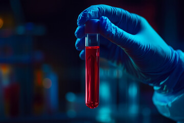 person is holding a red tube in their gloved hand. The tube is filled with a red liquid. Concept of caution and care, as the person is handling the tube with gloves to protect themselves