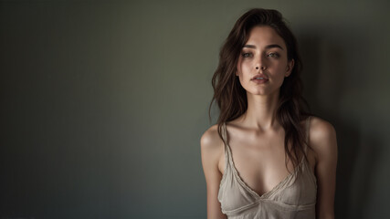 Naklejka premium Portrait of a woman modeling sleepwear. Long brown hair. Brunette. Isolated against green wall. Studio lighting. Youthful complexion. Skin care and cosmetics. Pajamas. A beige teddy.