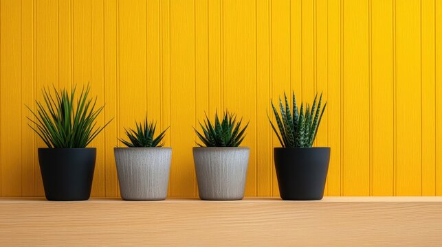 Web based training online idea. Stylish indoor plants in modern pots against a vibrant yellow wall.