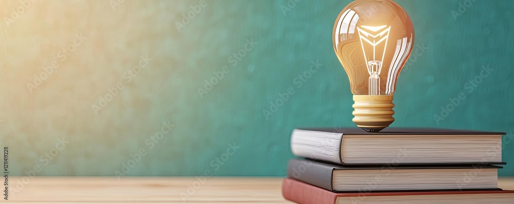 Poster educational platform online idea. an illuminated light bulb on a stack of books symbolizing ideas an