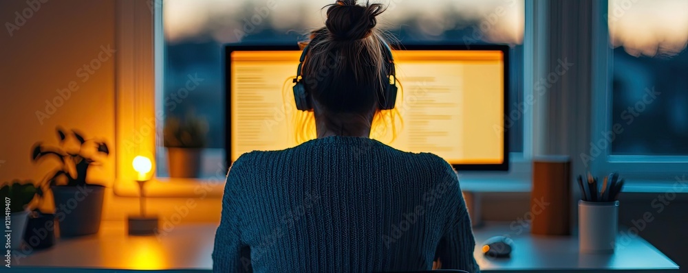 Poster educational platform online idea. a person focused on work at a computer in a cozy, illuminated room