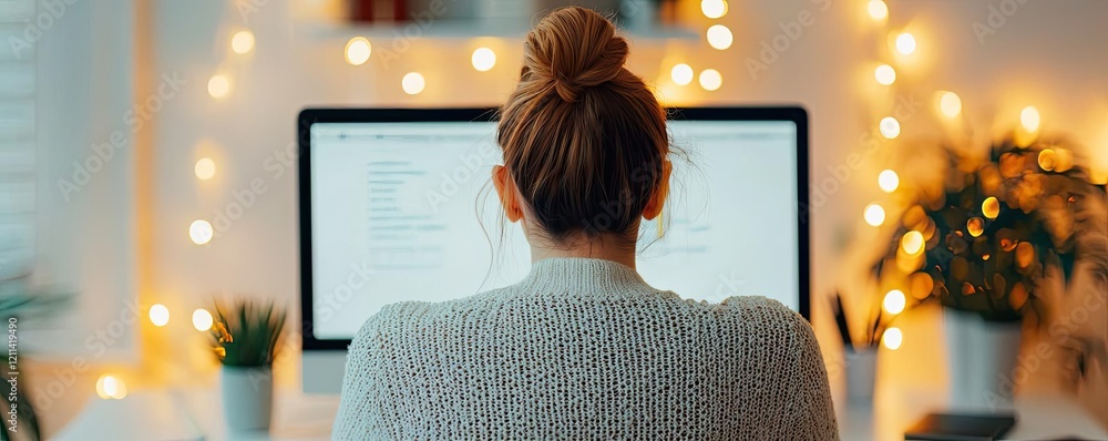 Poster educational platform online idea. cozy workspace with a woman working on a computer surrounded by wa