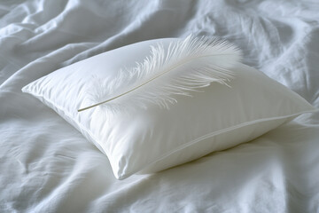 Obraz premium white pillow with a feather on it. The feather is white and has a feathery texture. The pillow is placed on a bed with white sheets. Concept of calmness and relaxation, as the feather