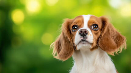 Cavalier king charles spaniel portrait with green bokeh background. Pets and nature content