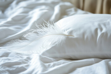 Obraz premium white pillow with a feather on it. The feather is white and has a light texture. The pillow is placed on a bed with a white sheet. Concept of calmness and relaxation, as the feather