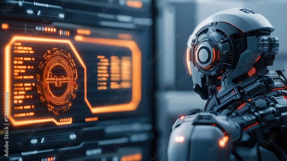 Aufkleber Digital education online concept. Futuristic robot interacting with advanced digital interface.