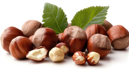 Hazelnuts with leaves, isolated on white; food background, healthy snack