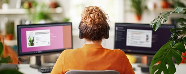 Web based training online idea. A woman works from home with dual monitors and plants for a calming atmosphere.