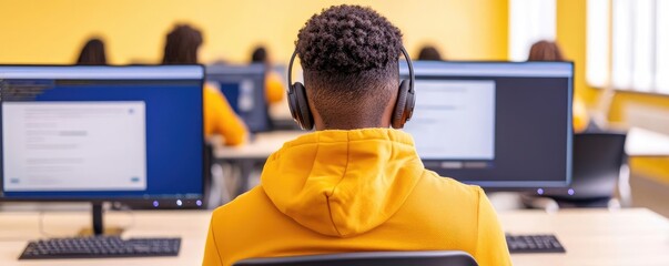 Web based training online idea. Student focused on computer work in a bright learning environment.