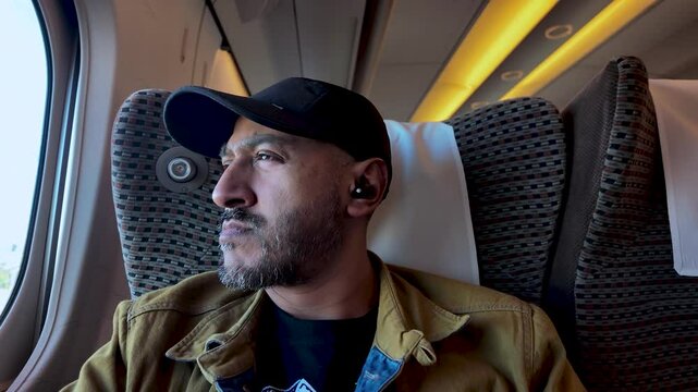 South asian man wearing earbuds and baseball cap looking pensively out train window while traveling