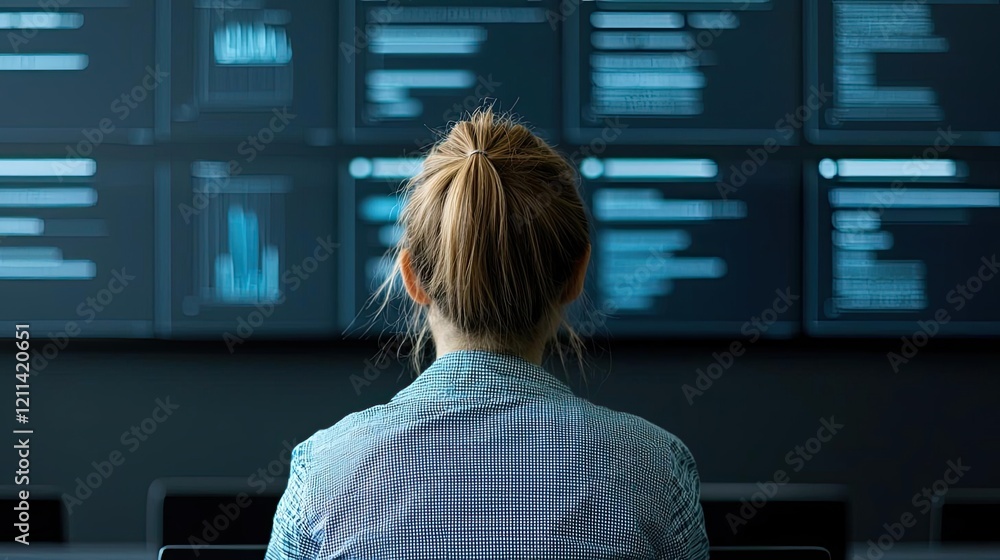 Poster educational platform online idea. a woman analyzes digital data displayed on multiple screen panels 