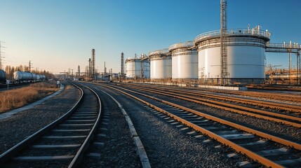 Industrial storage tanks with railway infrastructure. Ideal for industrial logistics, storage facilities, and transportation networks.