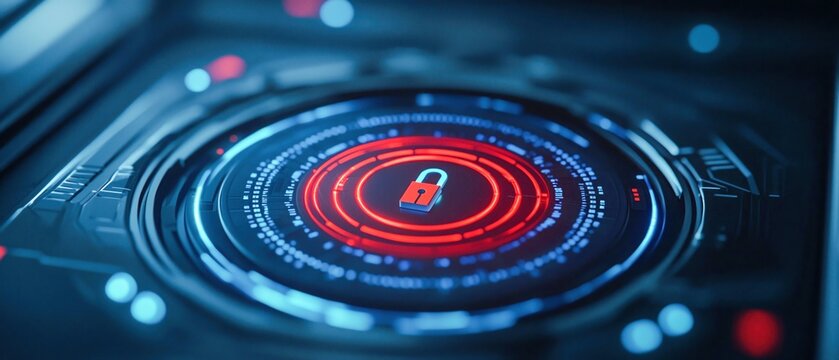 AI-Powered Security Concepts. Digital lock interface with glowing circular data elements.