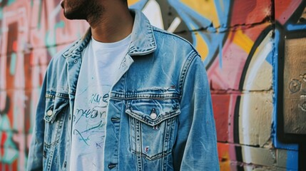 Fototapeta premium Young african male in denim jacket standing against colorful graffiti wall