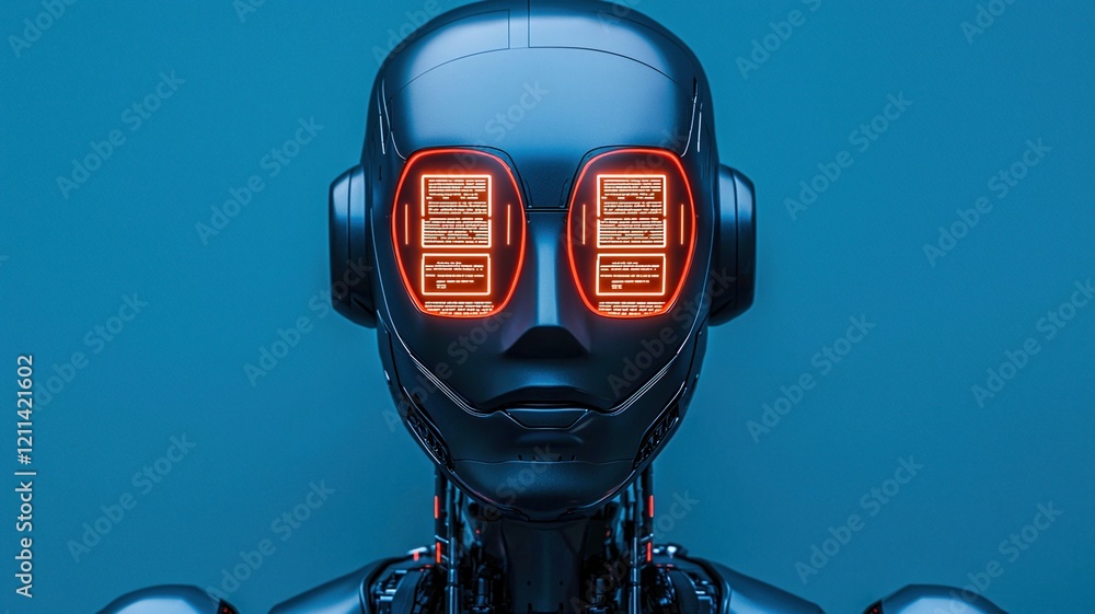 Poster ai-powered security concepts. futuristic robot with glowing eyes against a blue background.