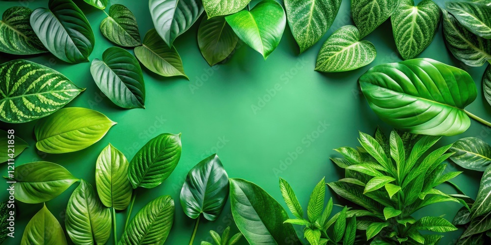 Wall mural Lush Green Foliage Arranged in a Frame with a Central Empty Space for Text or Design Elements