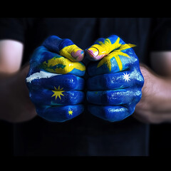 hands fists covered in paint blue and yellow