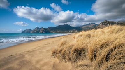 Coastal landscape with dunes and mountain backdrop. Great for nature photography, travel destinations, and scenic views.