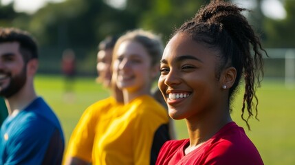 Fototapeta premium Joyful Young Female Athlete Smiling with Teammates on Soccer Field