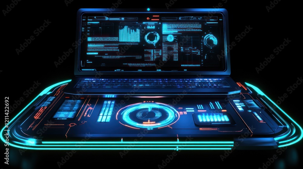 Poster futuristic tech laptop with neon display interface
