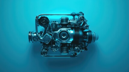 An overhead view of a hybrid engine displayed on a clean, minimal background with glowing highlights.